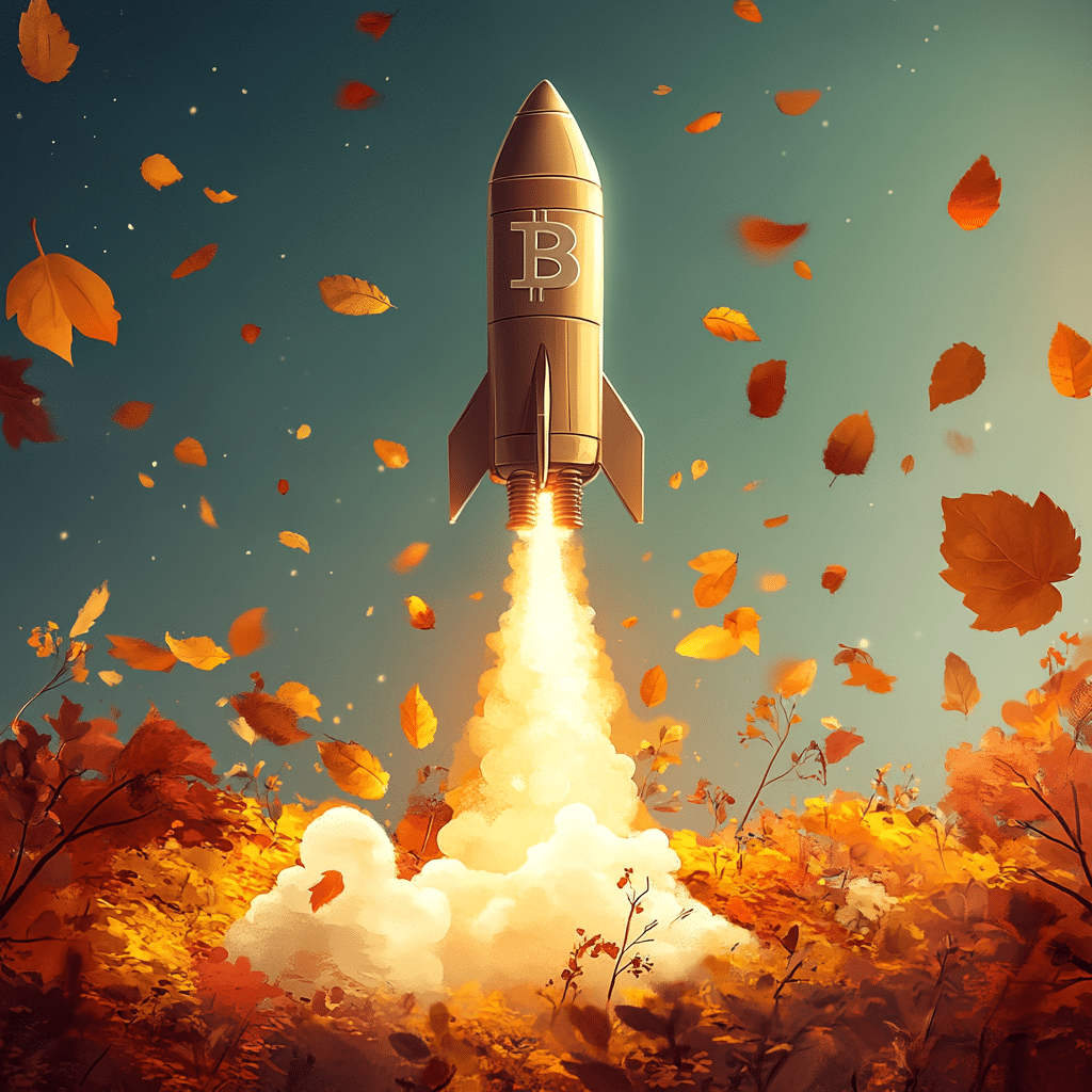 A golden Bitcoin rocket launching through glowing autumn leaves